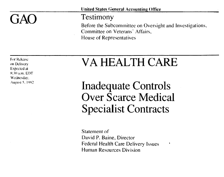 Inadequate Controls Over Specialists resulsts in medical malpractice by the Department of Veterans Affairs